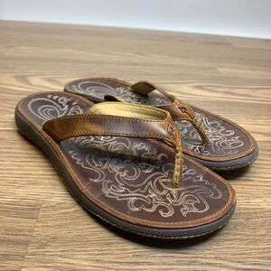 Olukai Paniolo Flip Flop Sandals Women's Brown Leather Slip On - US 7